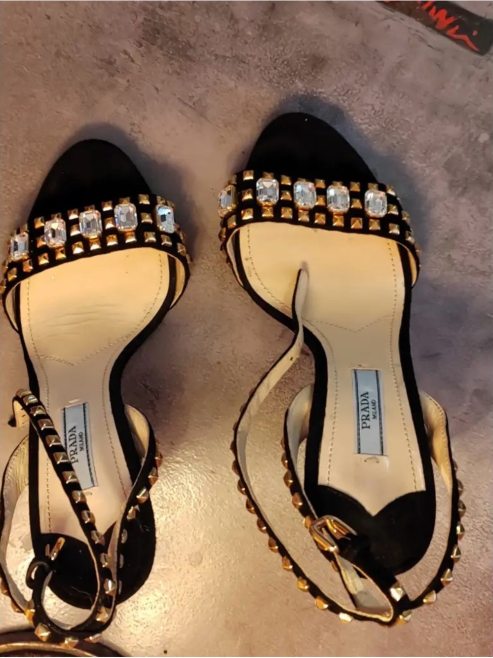 Prada Black Sandals with Crystal and Gold Stud Detailing